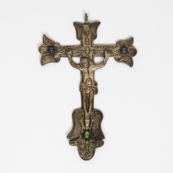 Vintage Crucifix Wall Cross Religious Decor with Blue and Green Stones - Picture 1 of 12